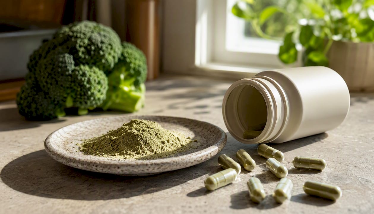 Broccoli sprout powder and capsules on wood
