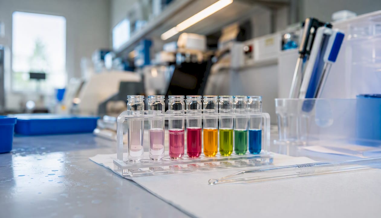 Test tubes with enzyme assay liquids in lab rack