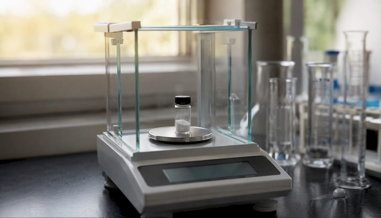 Lab balance weighing chromium picolinate powder