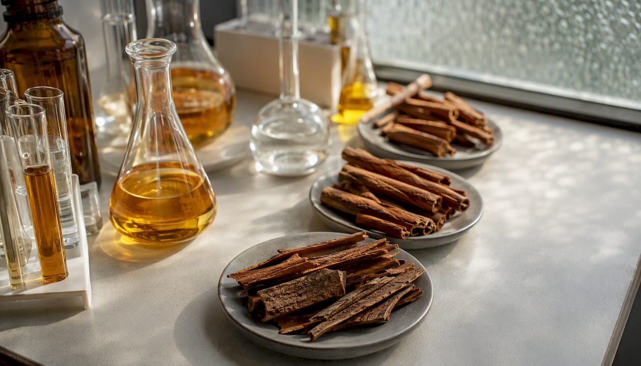 Cinnamon bark and extraction liquids on lab bench