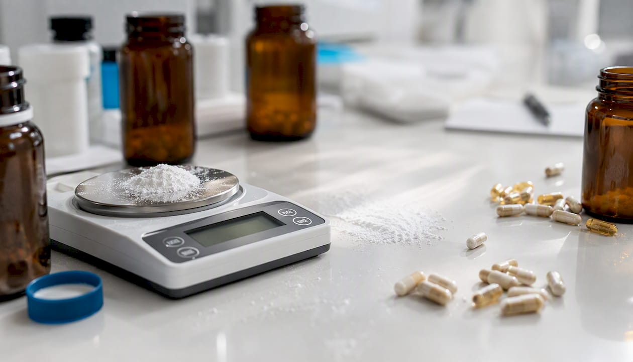 Supplement capsules and scale on clinical countertop