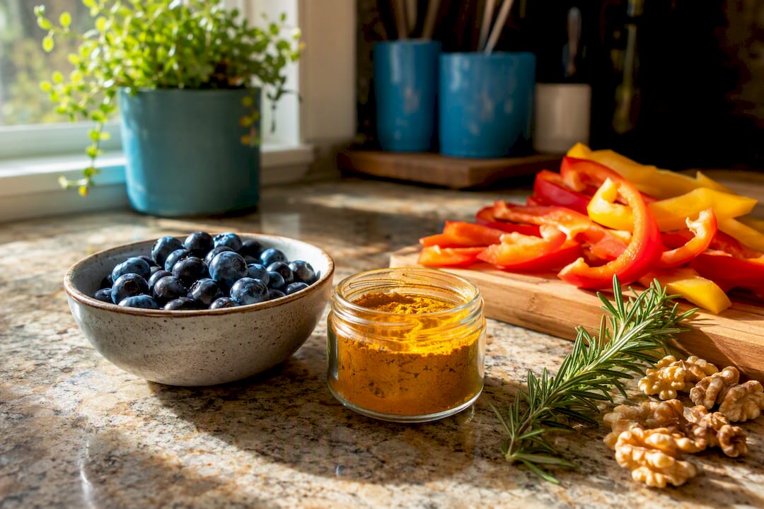 Colorful polyphenol-rich foods on kitchen counter
