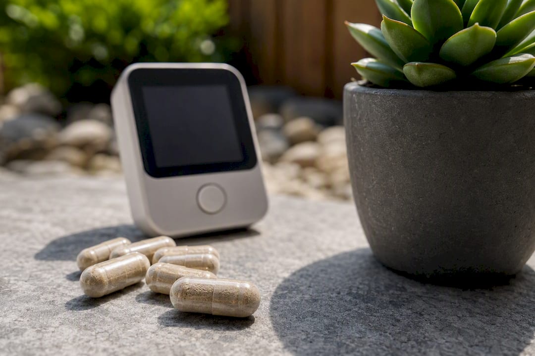 Supplement capsules alongside timer and calendar