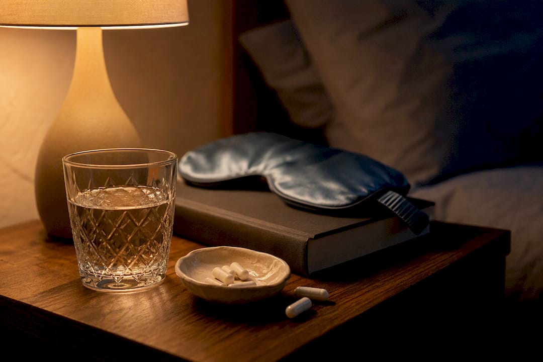 Sleep supplement capsules on bedside table with glass of water