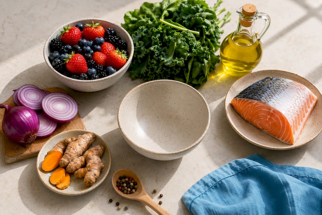Berries greens fish and turmeric foods