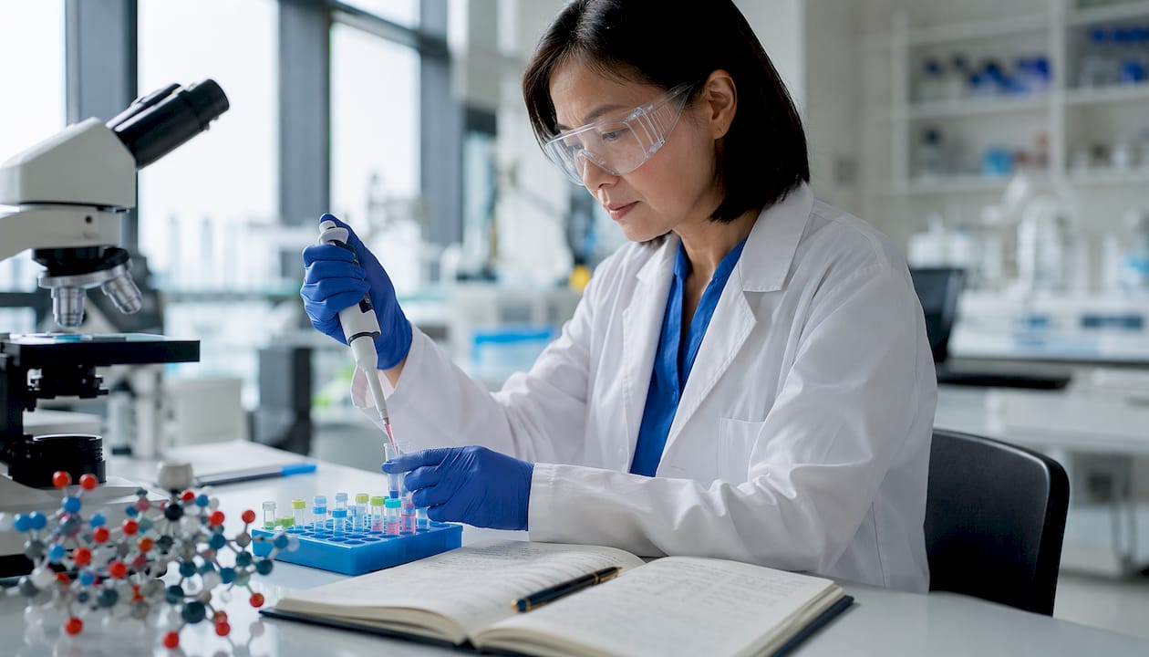 Scientist pipetting peptides in research lab