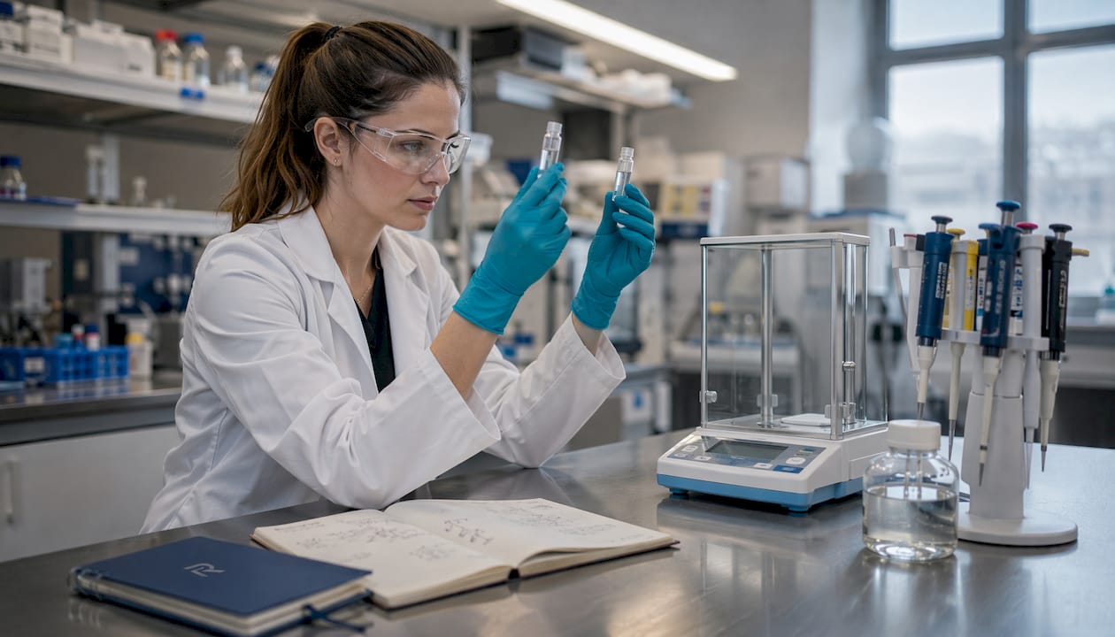 Lab researcher comparing peptide and protein samples