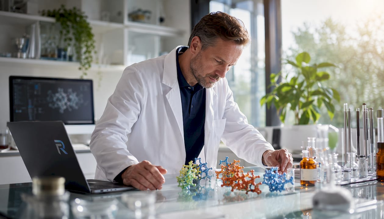 Researcher studying protein folding diagrams