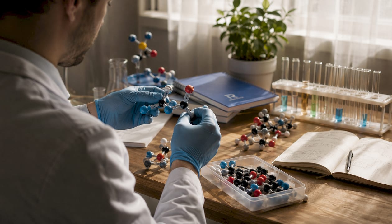 Close-up hands assembling polypeptide model