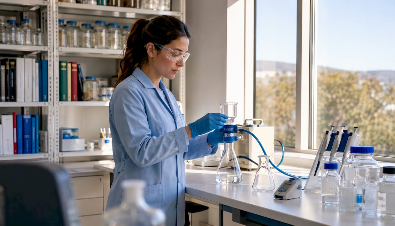 Scientist performing membrane filtration in lab
