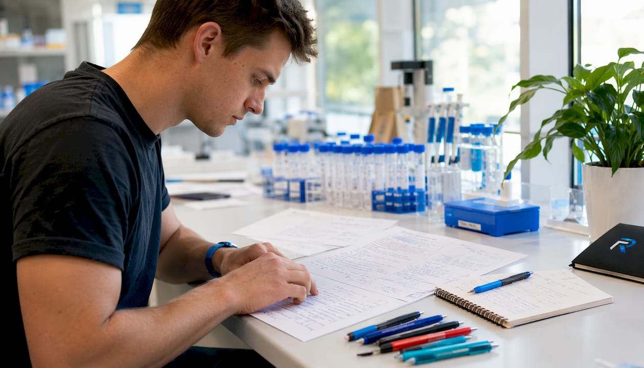 Scientist studying labeled peptide experimental plan