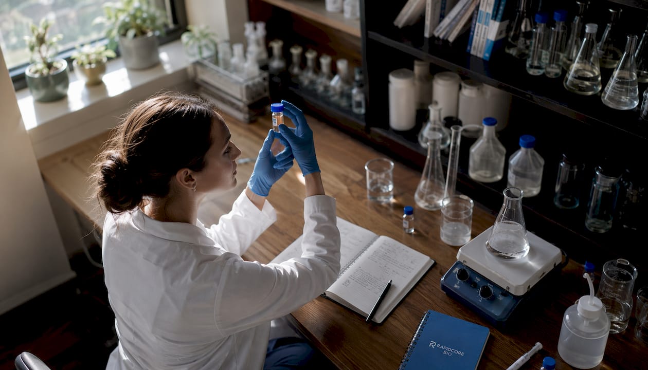 Scientist inspecting peptide vial seal integrity