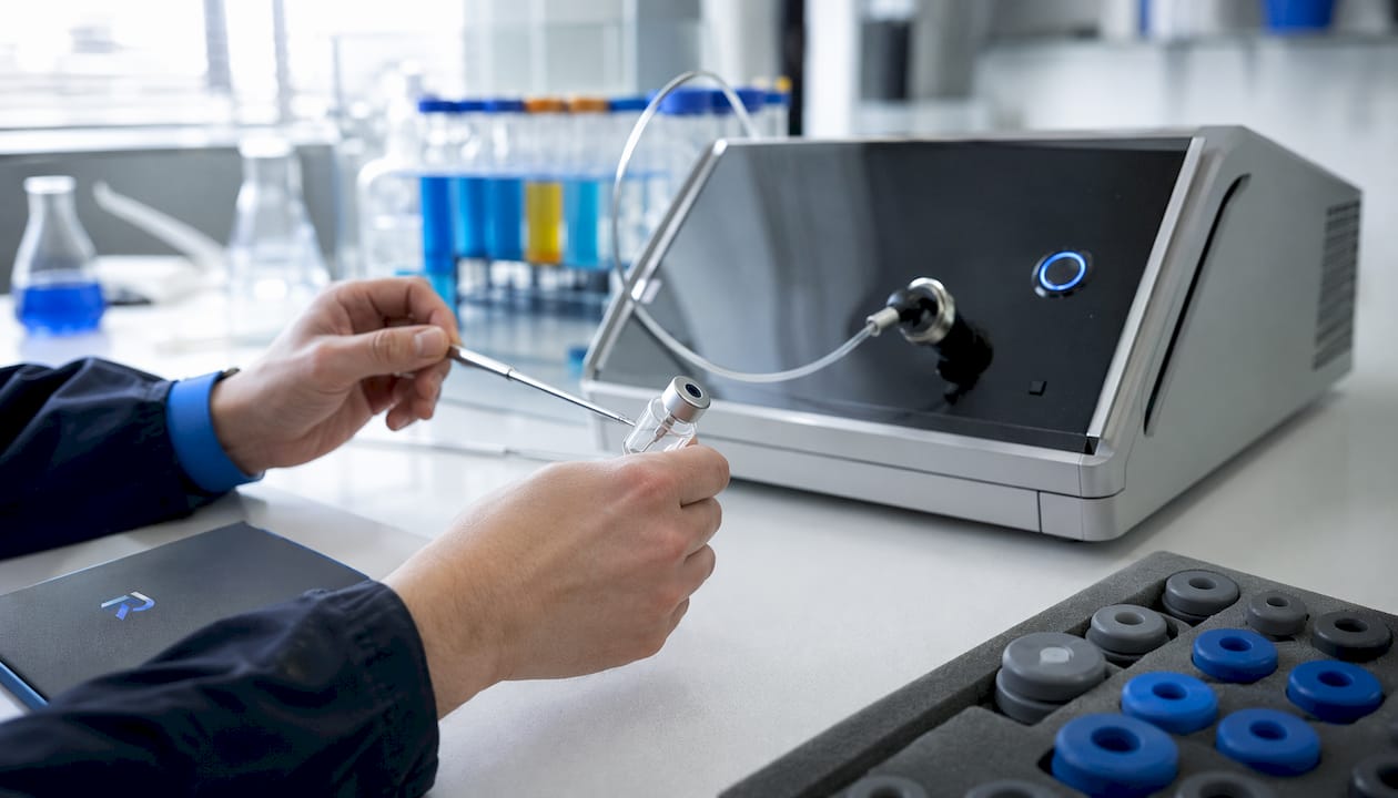 Hands performing helium leak test on peptide vial
