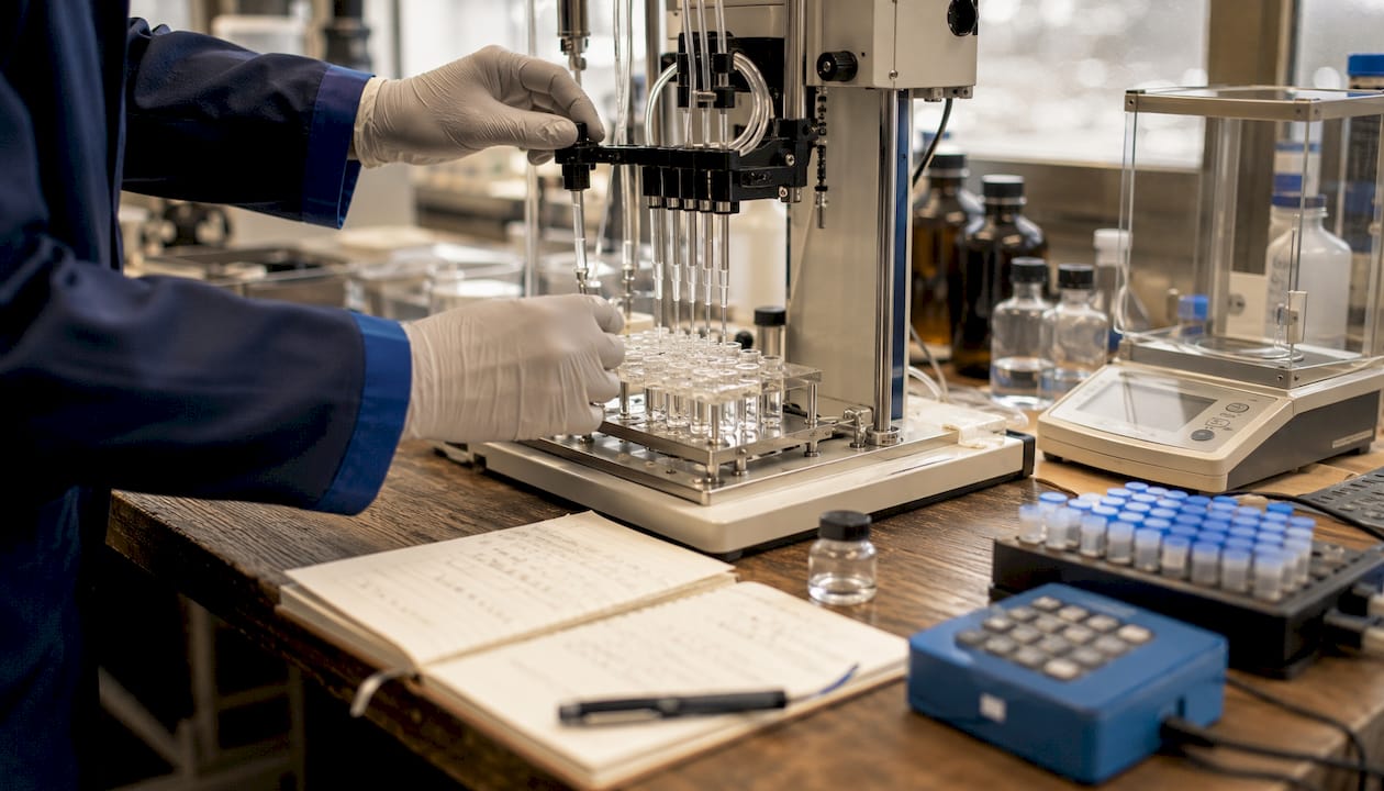 Close-up of peptide synthesis lab equipment and technician hands