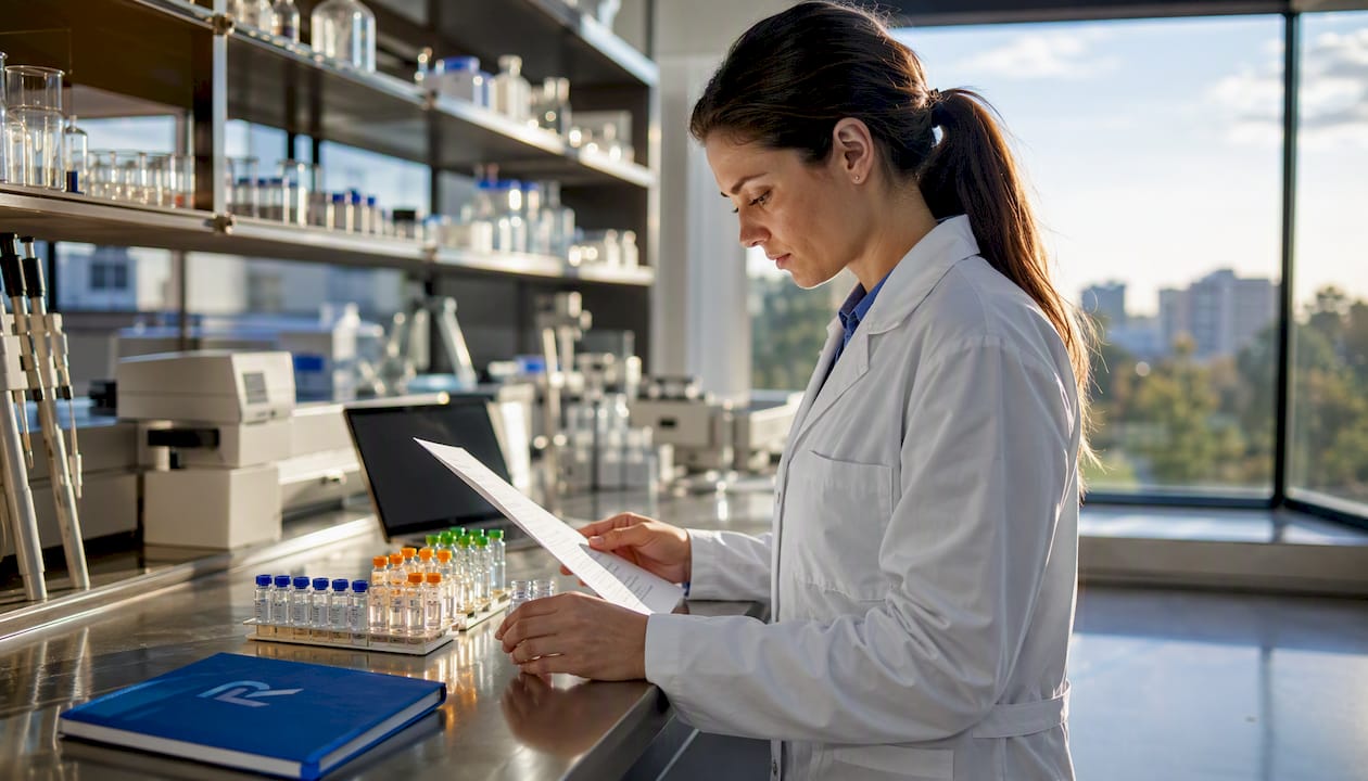 Scientist reviewing peptide supplier documents