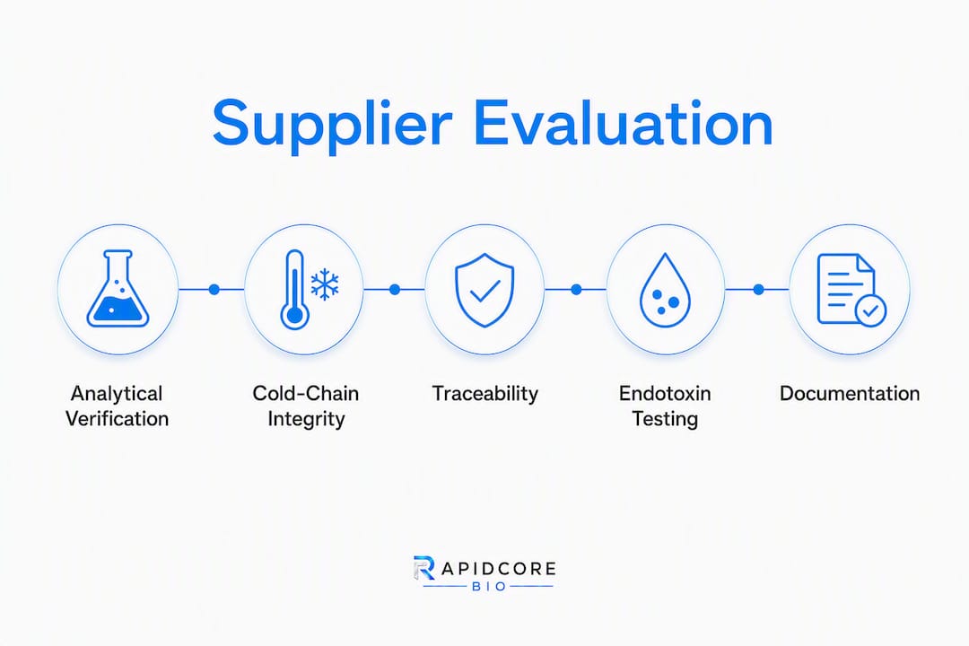 Infographic showing peptide supplier evaluation criteria