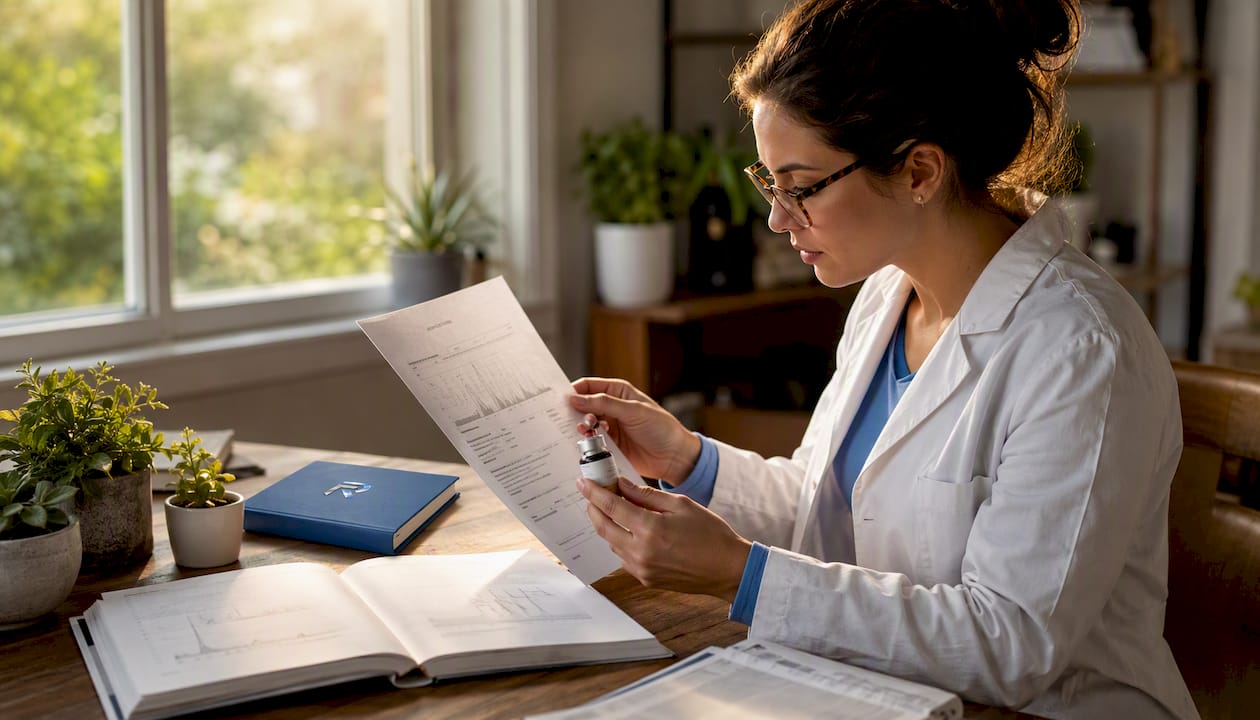 Scientist verifying peptide certificate with vial