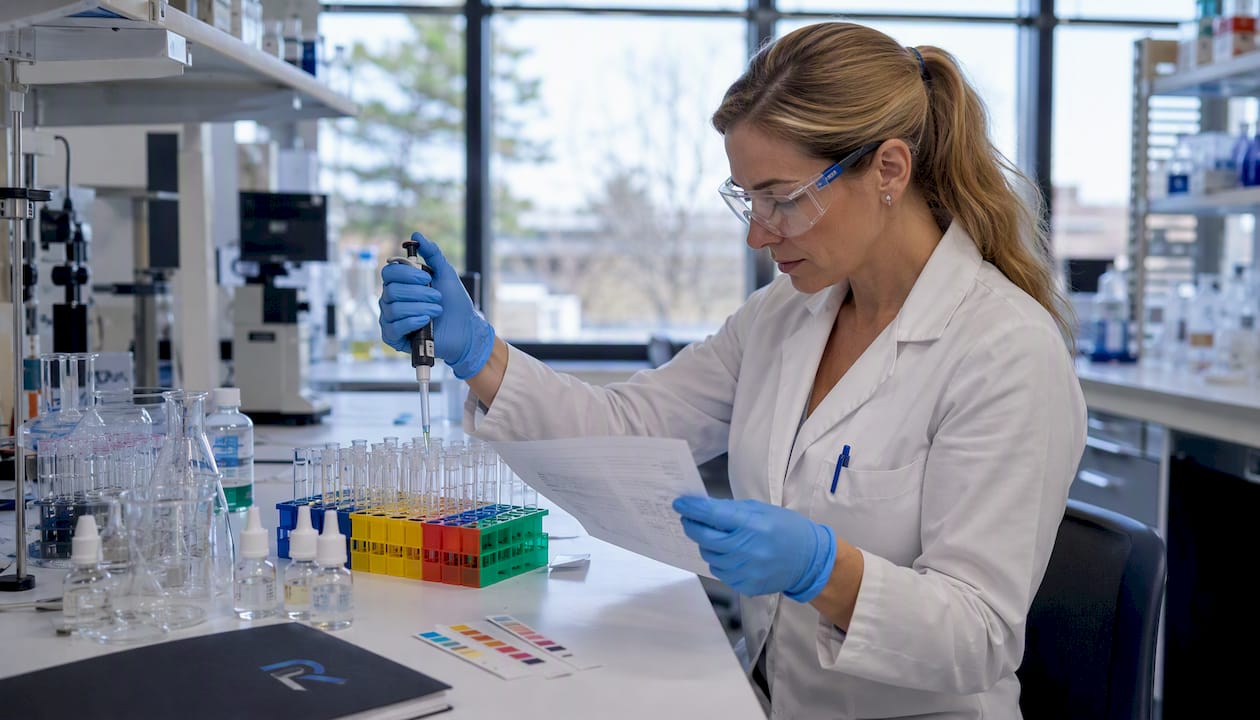 Scientist preparing peptide mixtures in lab