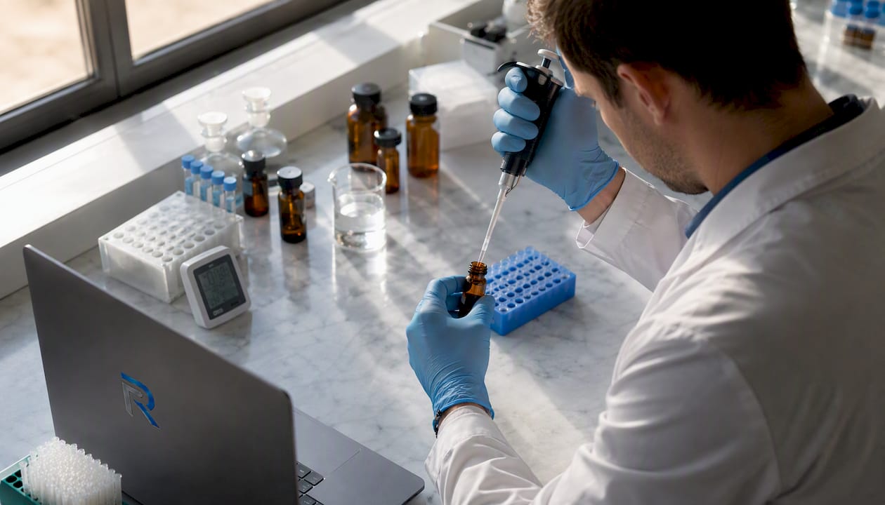 Hands handling peptide stock solution carefully