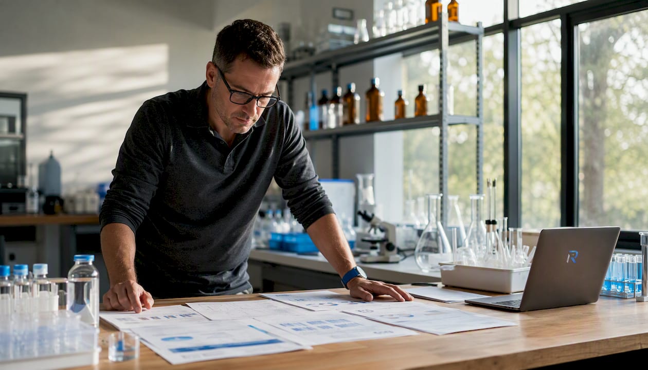 Researcher examining peptide test reports at desk