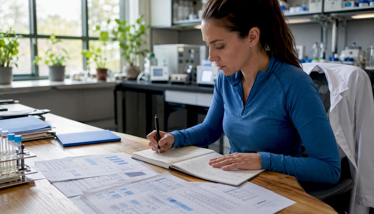 Scientist reviewing peptide supplier documents in lab