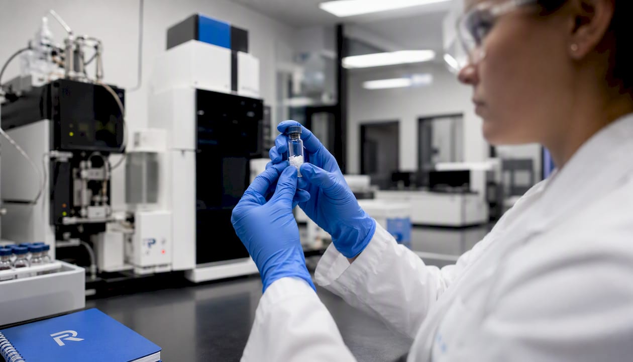 Hands holding peptide sample in analysis lab