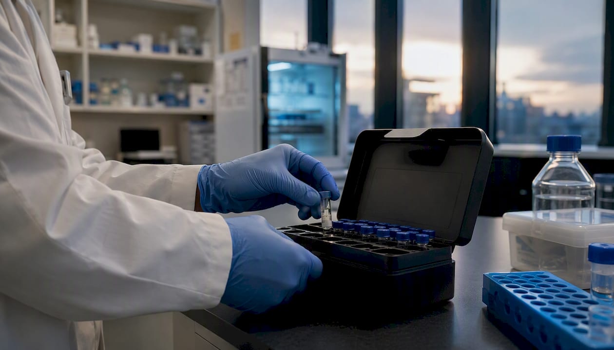 Researcher placing vial into peptide storage case