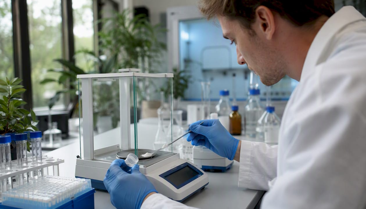 Researcher weighing peptide powder on analytical balance