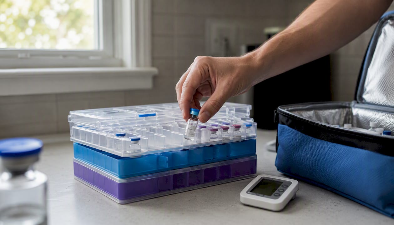 Hand placing peptide vial into storage case