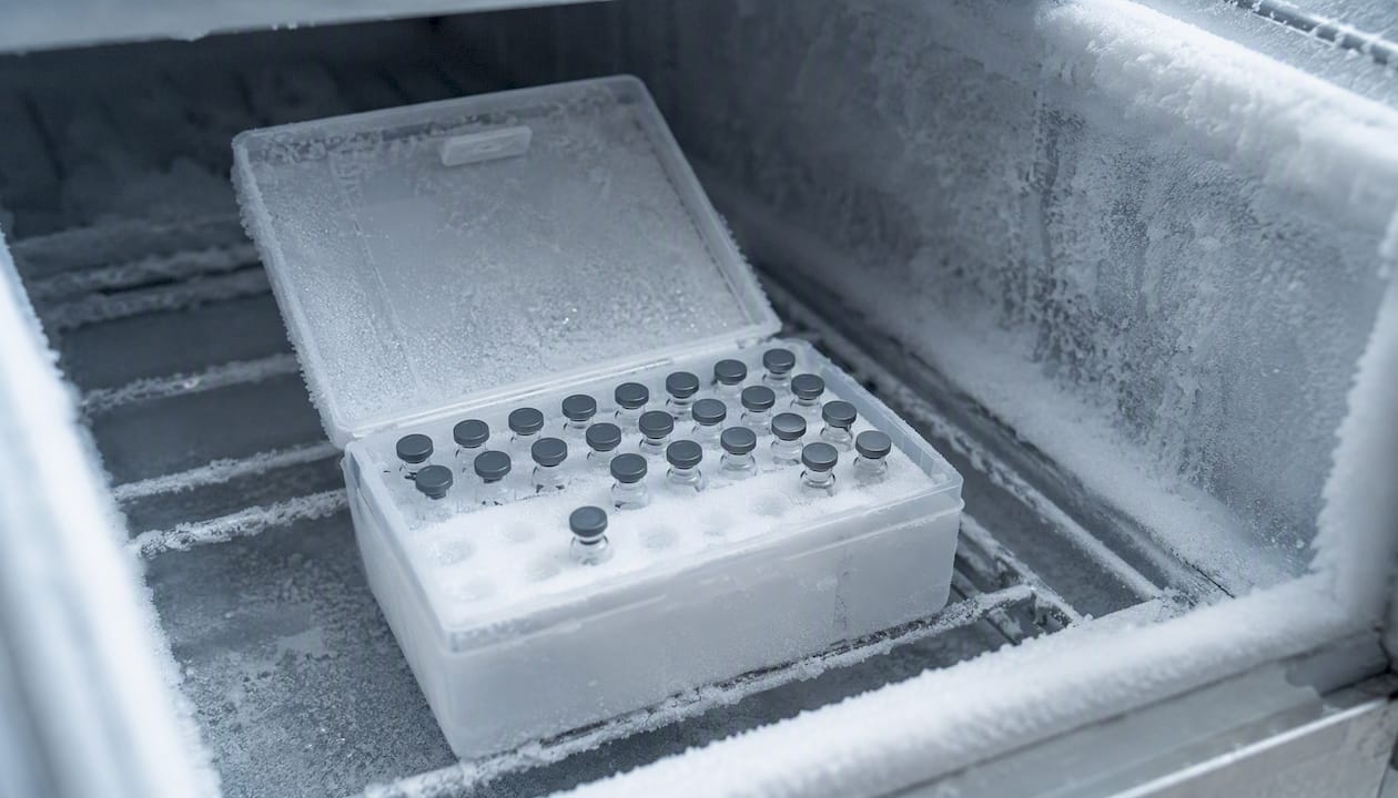 Freezer-rated vial case with vials inside freezer