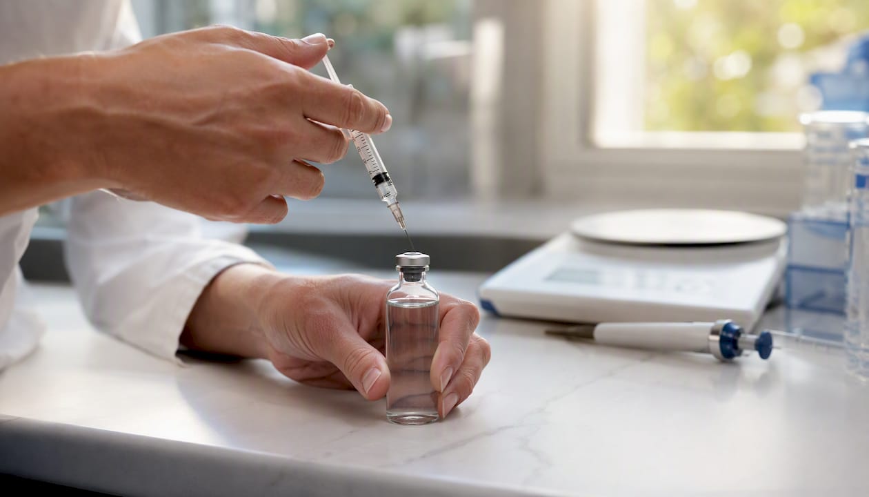 Hands preparing bacteriostatic water vial in lab
