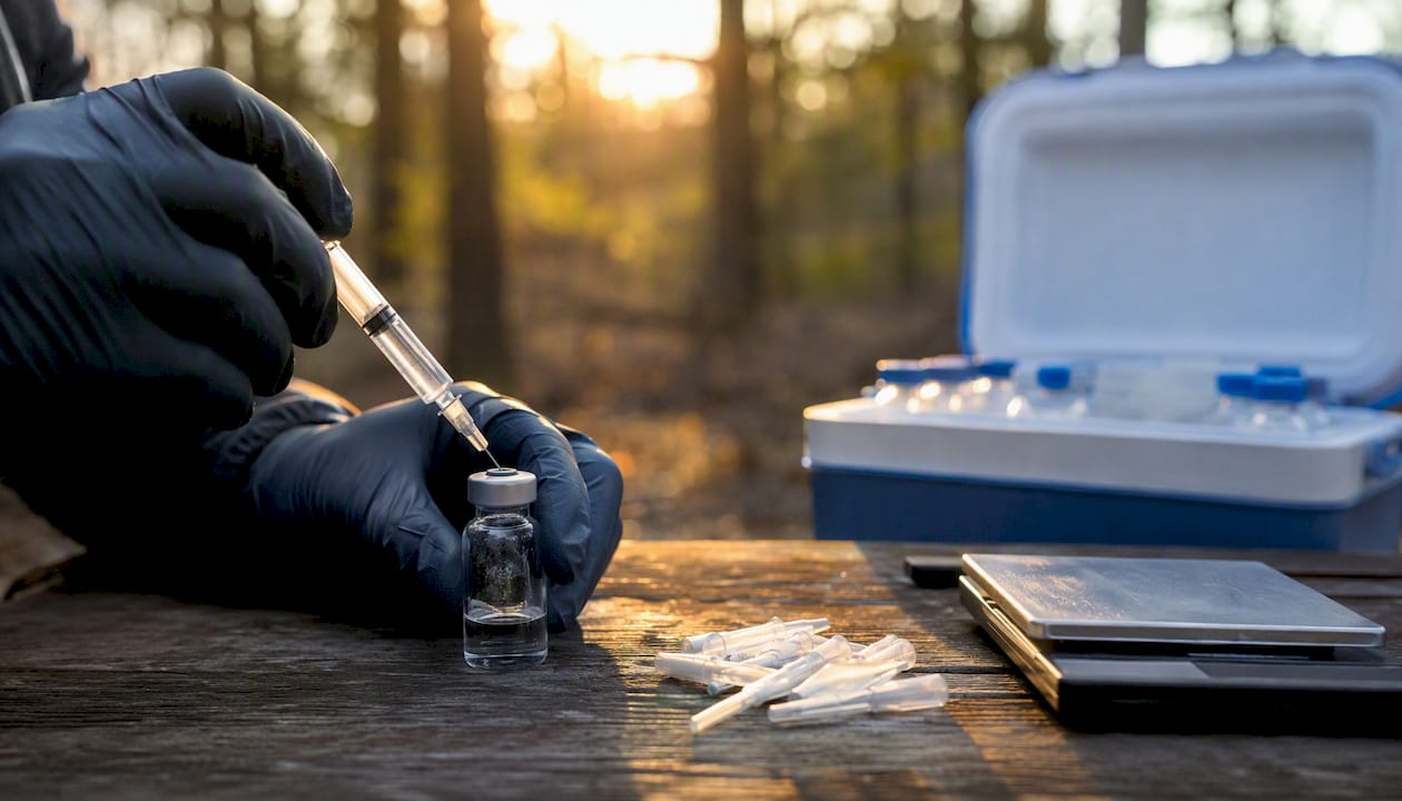 Gloved hand drawing peptide solution from vial