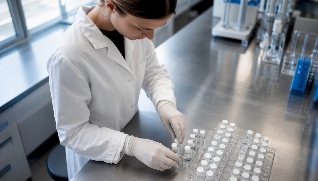 Lab technician handling RUO labeled peptide vials