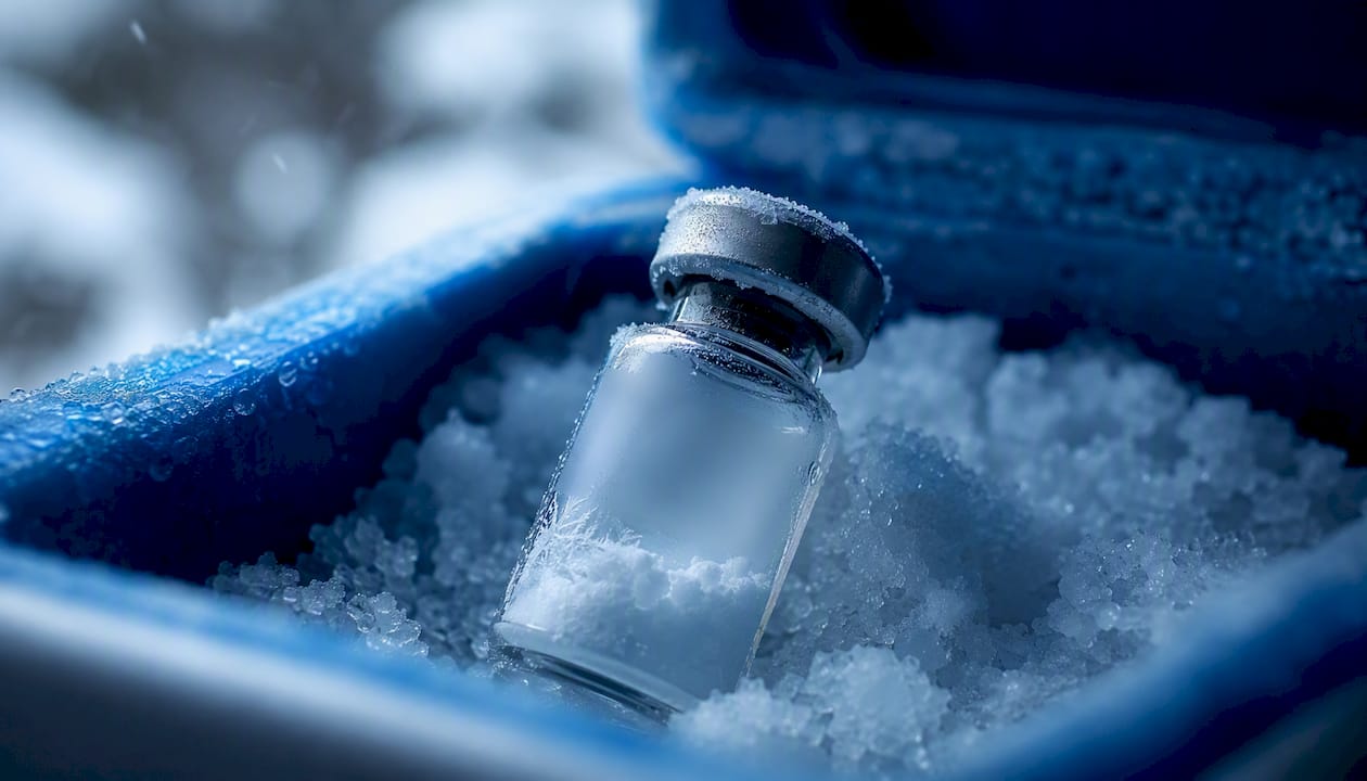 Sealed vial of lyophilized peptide powder in freezer