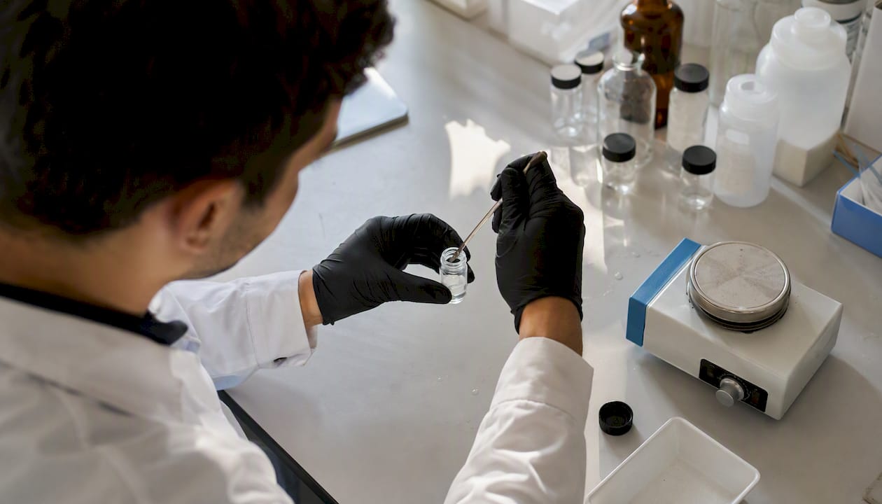 Close-up of pouring solvent into peptide vial in lab