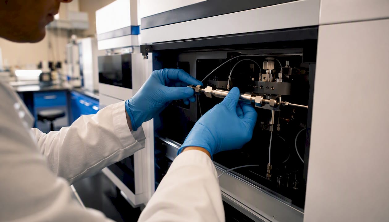 Lab technician handling HPLC column in instrument
