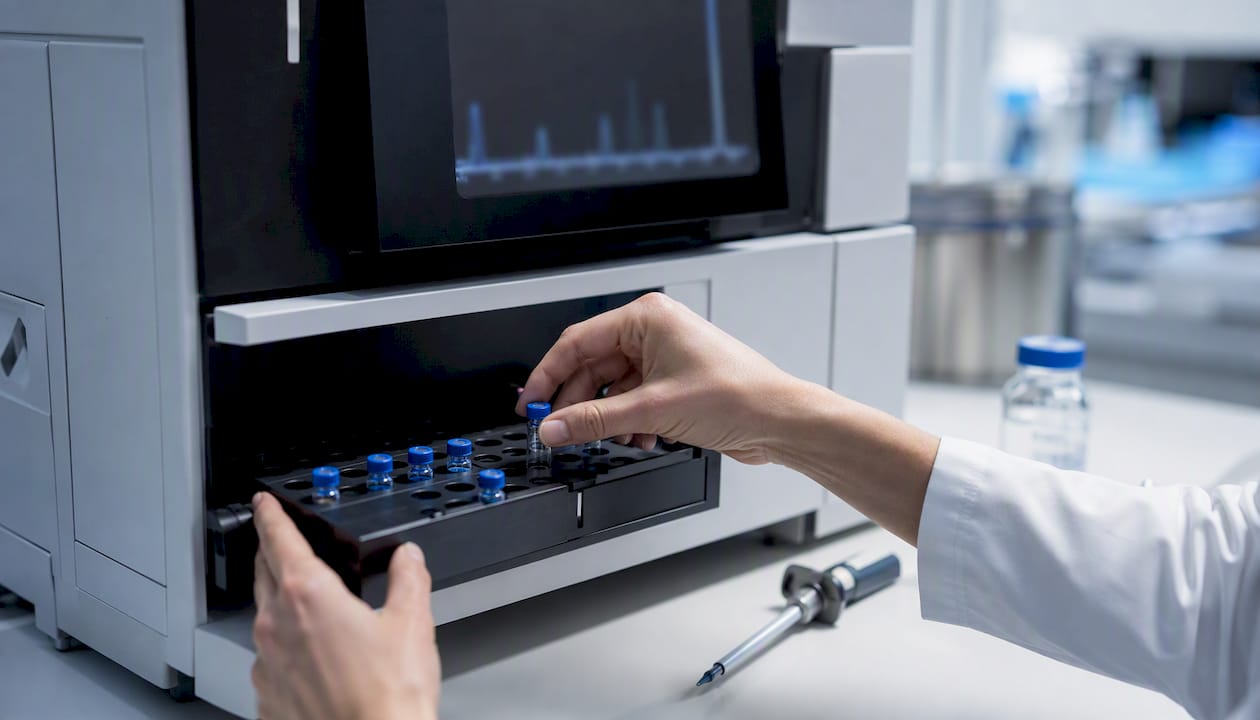 Close-up of HPLC autosampler vial and instrument