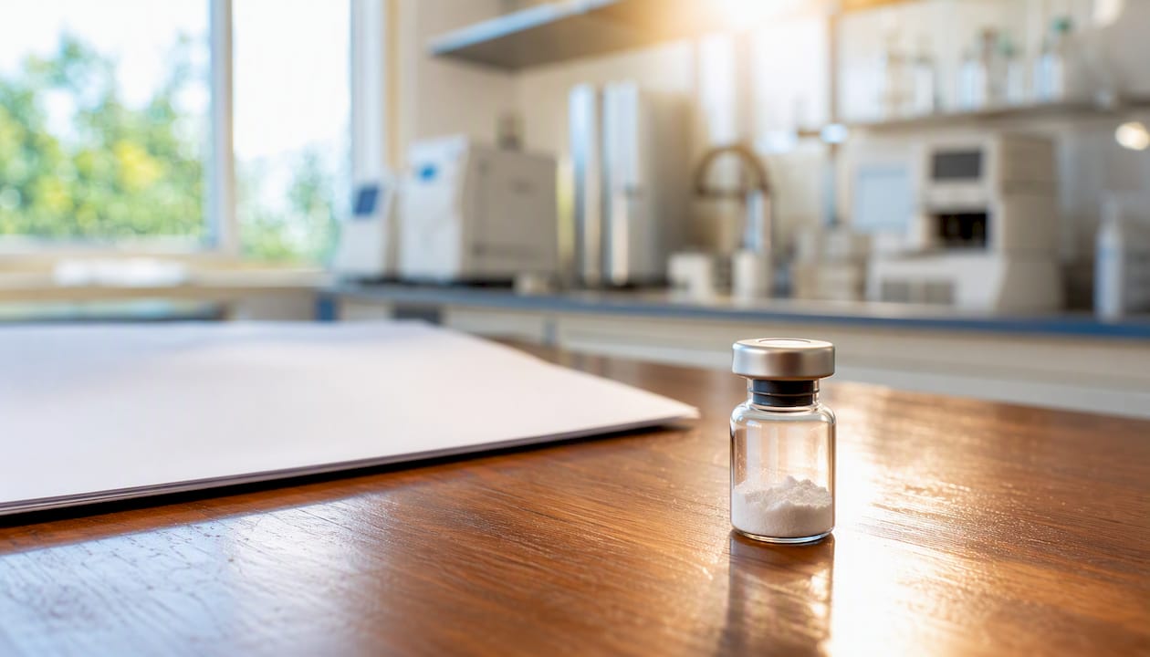 Peptide vial next to lab equipment on bench