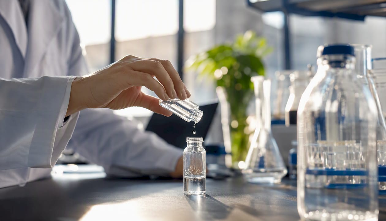 Close-up of researcher adding HCl to peptide vial