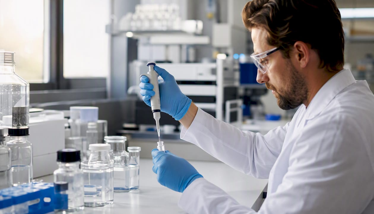 Scientist pipetting peptide solution in lab