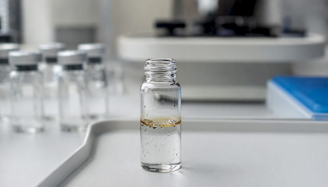Close-up of oxidizing peptide solution in vial