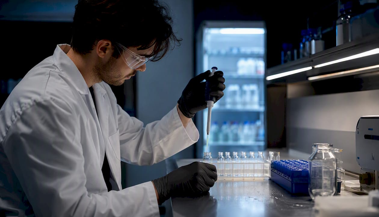 Hands aliquoting peptide solution in lab