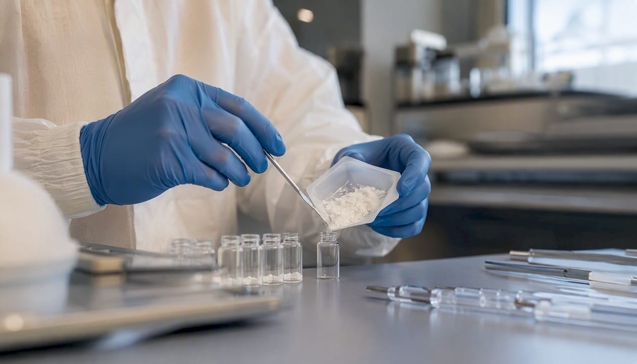 Hands weighing lyophilized peptide powder