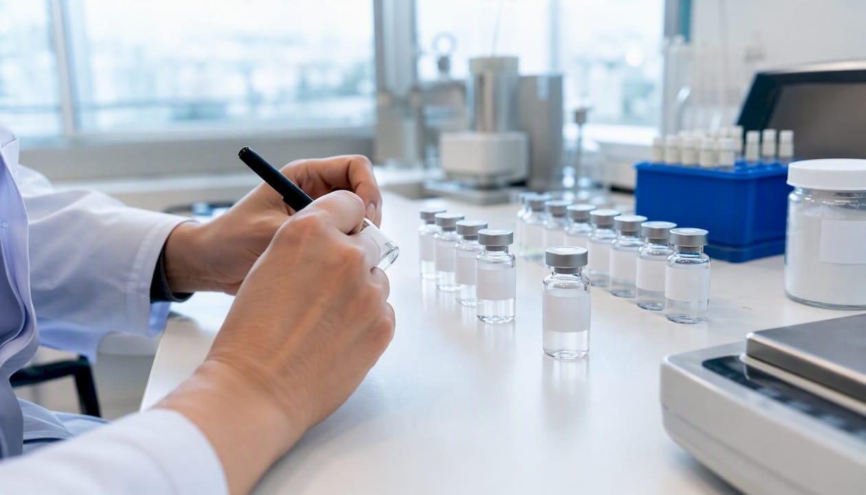 Lab technician labeling peptide vials