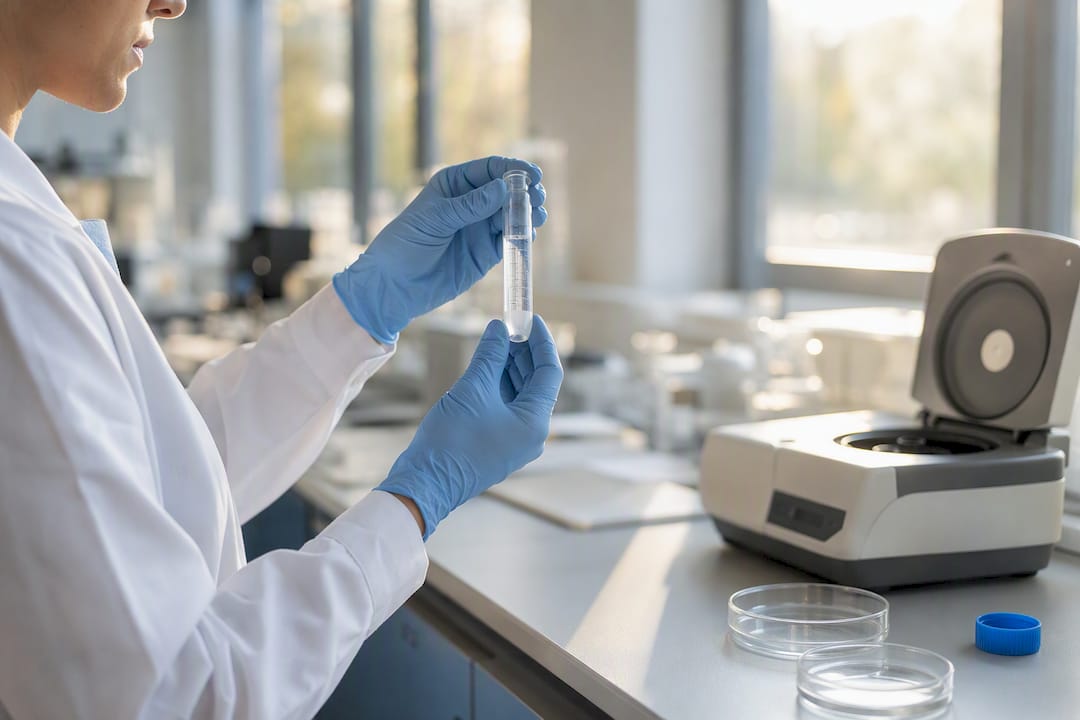 Peptide solution vial measured by lab technician
