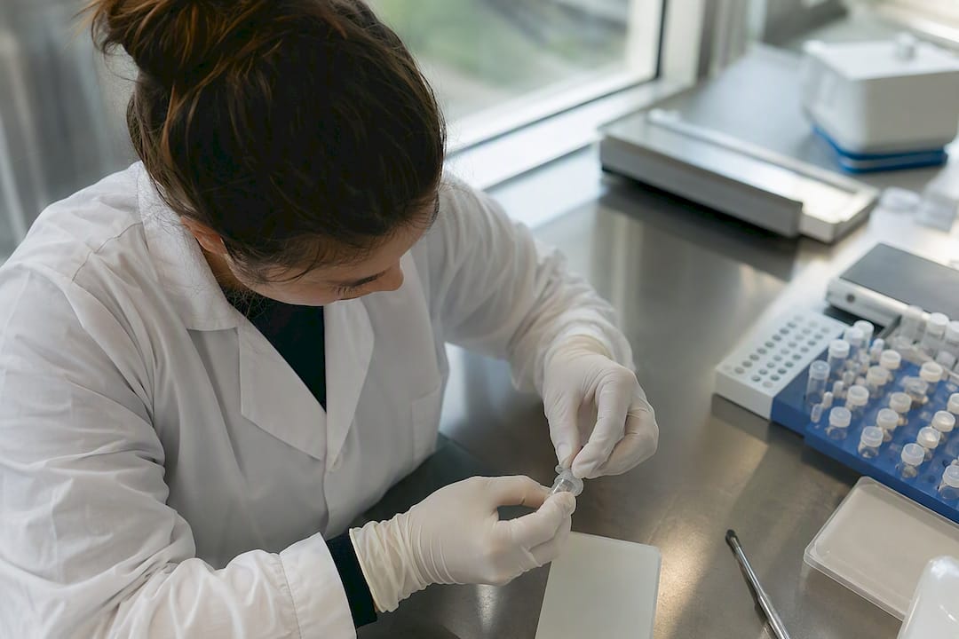 Technician applying RUO label on biomedical vial