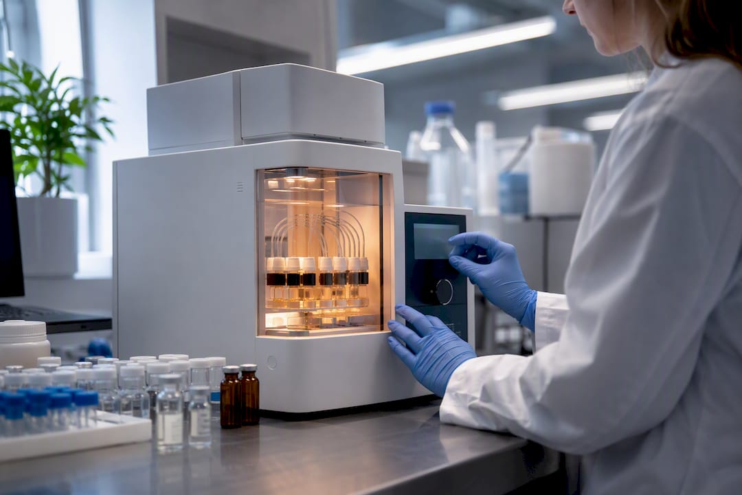 Technician adjusting temperature on peptide synthesis equipment