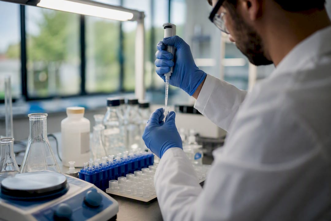 Technician adding reagents in peptide synthesis lab