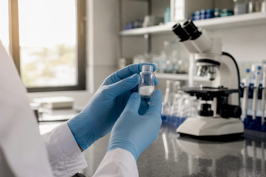 Sterile vial of research peptide held by gloved hands