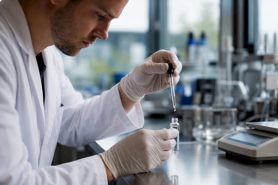 Scientist dispensing liquid into peptide vial